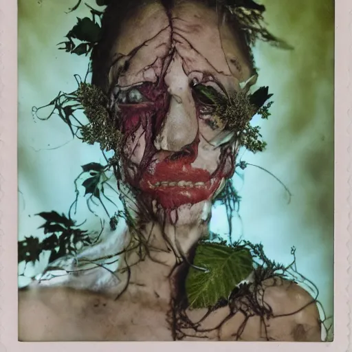 Image similar to a beautiful detailed front view portrait of a rotten woman corpse with fractal plants and fractal flowers growing around, volumetric light, beautiful lit, polaroid photography