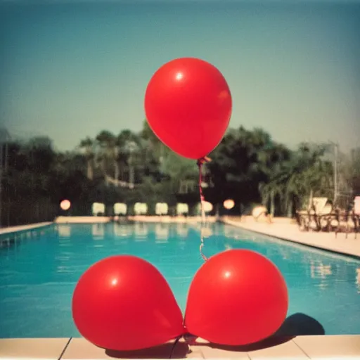 Prompt: a red helium balloon floating above an indoor pool from the 1 9 8 0's florida with no windows or people inside, old polaroid, expired film