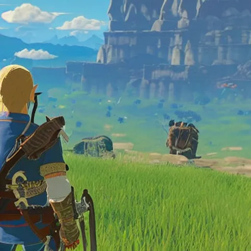 Image similar to screen shot of joe biden starring in zelda:breath of the wild ( video game )