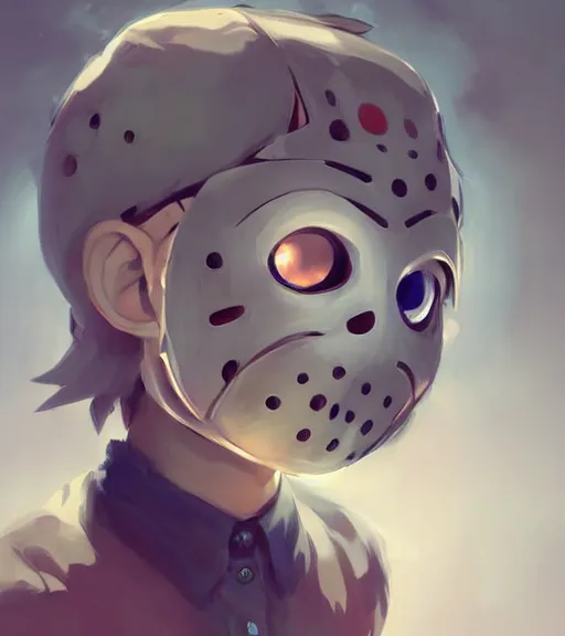 Image similar to beautiful little boy anime character inspired by jason voorhees, art by rossdraws, wlop, ilya kuvshinov, artgem lau, sakimichan and makoto shinkai, concept art, anatomically correct, extremely coherent, realistic, mask, smooth hd, 8 0 s haircut