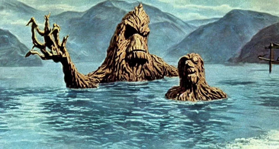 Image similar to scene from the 1 9 5 7 film bigfoot vs the loch ness monster, ray harryhausen, colorized, movie still