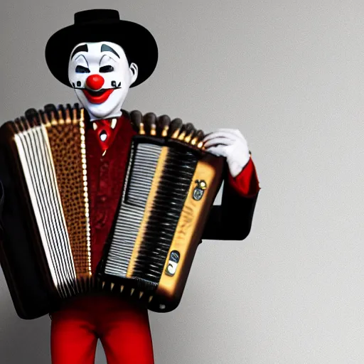 Prompt: a peculiar man with an accordion where his neck should be, clown face, steampunk, 4K Unreal Engine render