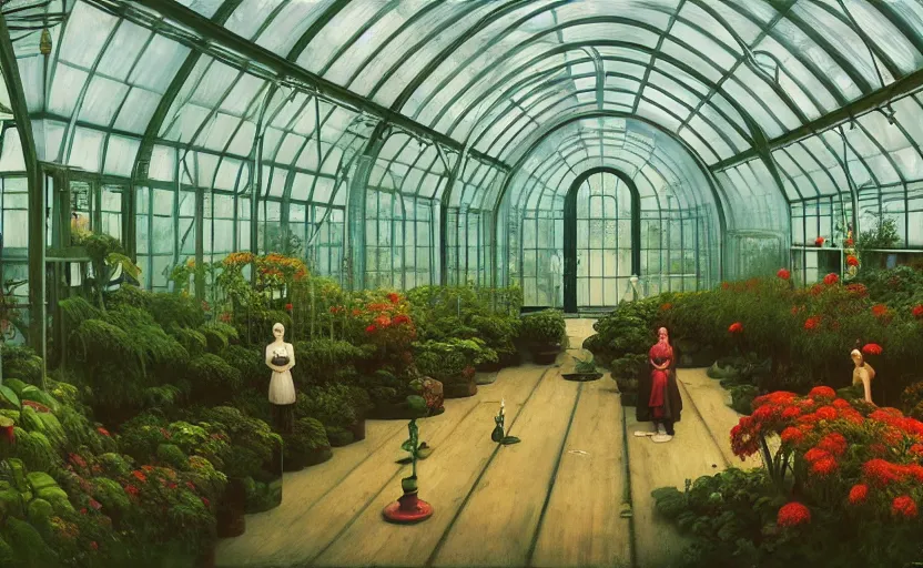 Prompt: Inside a victorian greenhouse, Edward Hopper and James Gilleard, Zdzislaw Beksinski, Mark Ryden, Wolfgang Lettl highly detailed, hints of Yayoi Kasuma