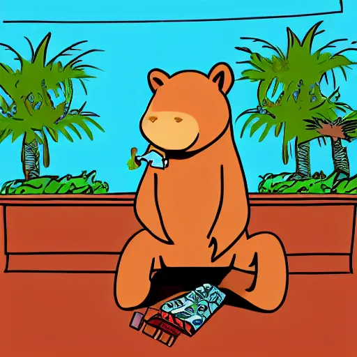 Image similar to capybara dressed as an american rapper smoking a blunt, full body, facing camera, centered, high quality art