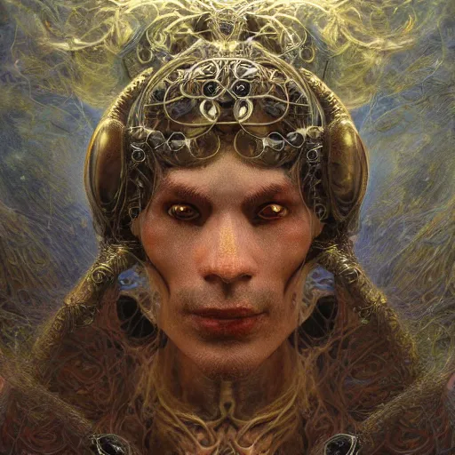 Prompt: Baroque Cyborg Merlin by Brian Froud, Alan Lee, Josh Kirby, Luis Royo, Alex Grey annd Agostino Arrivabene. beautiful strange detailed painting 8k resolution deviantart trending on Artstation concept art digital illustration psychedelic surrealism Unreal Engine ZBrush volumetric lighting