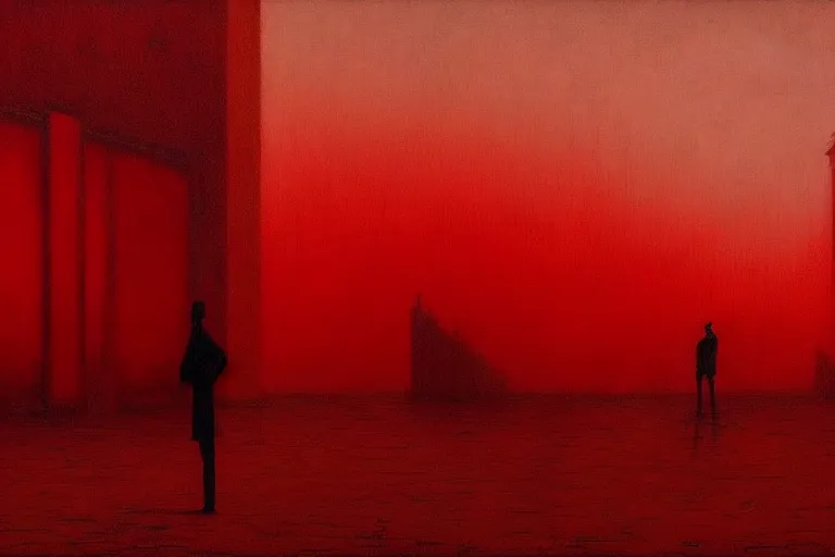 Image similar to only with red, a red dystopic knight, venice, flock of birds in the red sky, in the style of beksinski, parts by edward hopper, parts by rodcenko, parts by yue minjun, intricate and epic composition, red by caravaggio, insanely quality, highly detailed, masterpiece, red light, artstation, 4 k