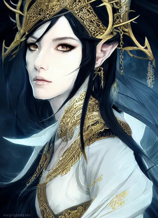 Prompt: Half body portrait of a beautiful elven priestess with long straight black hair wearing ornate white and gold robe. In style of Yoji Shinkawa and Hyung-tae Kim, trending on ArtStation, dark fantasy, great composition, concept art, highly detailed, dynamic pose.