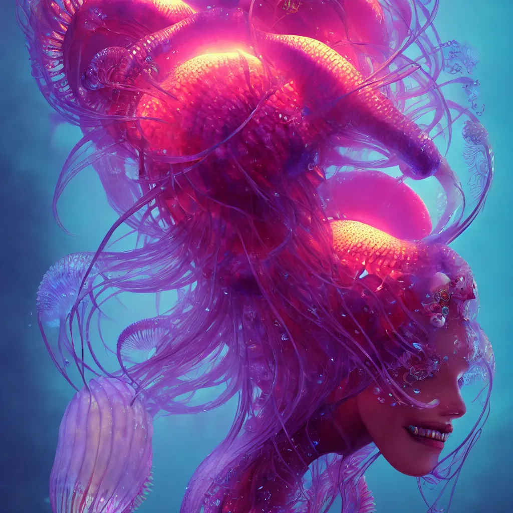 Image similar to goddess close-up portrait. orchid jellyfish phoenix head, nautilus, skull, betta fish, bioluminiscent creatures, intricate artwork by Tooth Wu and wlop and beeple. octane render, trending on artstation, greg rutkowski very coherent symmetrical artwork. cinematic, hyper realism, high detail, octane render, 8k