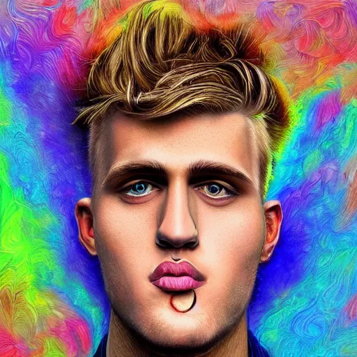 Image similar to an extremely psychedelic portrait of jake paul, surreal, lsd, face, detailed, intricate, elegant, lithe, highly detailed, digital painting, artstation, concept art, smooth, sharp focus, illustration