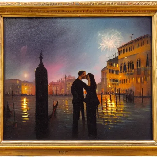 Image similar to an oil painting of couple kissing, in a background fireworks in venice