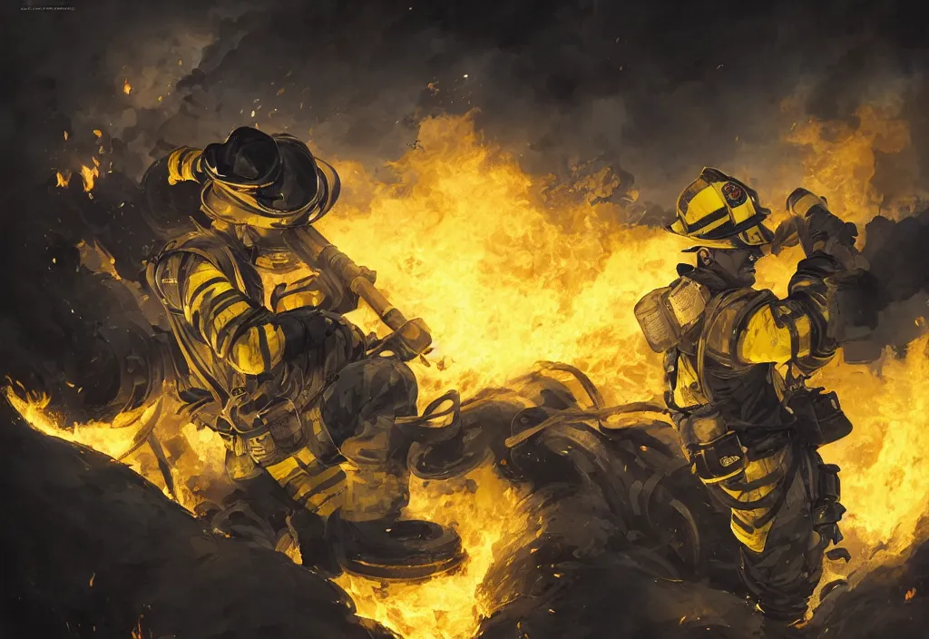 Image similar to heroic firefighter in action in black and yellow uniform, fire flames, sharp details, sharp focus, elegant, highly detailed, illustration, by jordan grimmer and greg rutkowski and pine ( ハイネ ) and 薯 子 imoko and 香 川 悠 作 and wlop and maya takamura, intricate