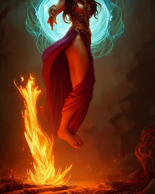 Image similar to Selena Gomez as a sorceress levitating and casting a fire spell, surrounded by fire, D&D, fantasy, intricate, elegant, highly detailed, digital painting, artstation, concept art, matte, sharp focus, illustration, hearthstone, art by Artgerm and Greg Rutkowski and Alphonse Mucha