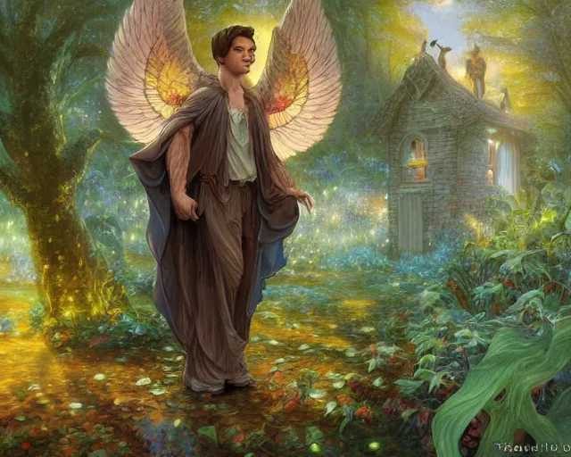Image similar to a male!!! angel with wings made of leaves stands in front of a small beautiful cottage in a magical garden, a digital painting by thomas canty and thomas kincade and ross tran, art nouveau, atmospheric lighting, trending on artstation