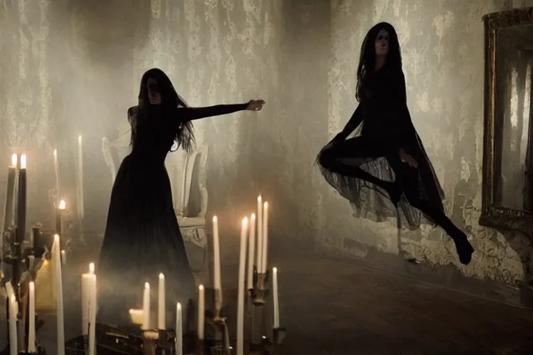 Prompt: VFX movie of levitating ascending beautiful goth woman in the decadent attic, demonic magic ritual, candles, glowing eyes, atmospheric natural lighting at night by Emmanuel Lubezki