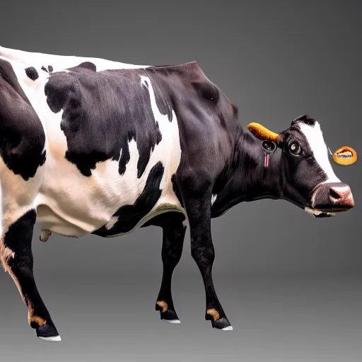 Prompt: Cow with mechanical wings, full-body portrait, 4k, 8k