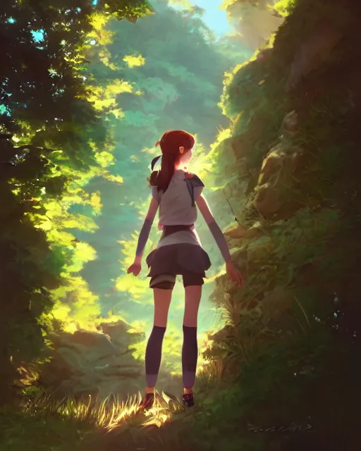 Prompt: a girl on a hike, very sexy outfit, medium shot, visible face, detailed face, perfectly shaded, atmospheric lighting, by makoto shinkai, stanley artgerm lau, wlop, rossdraws