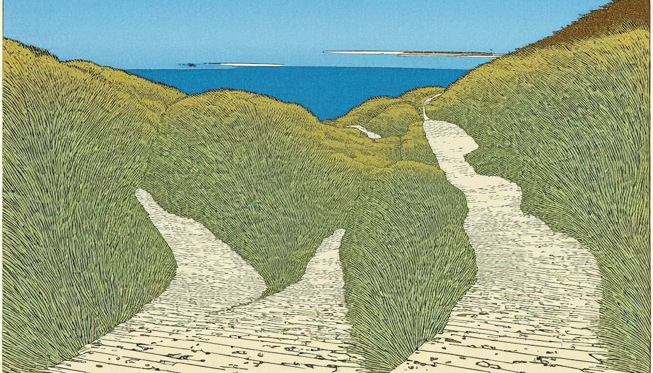 Image similar to path down the hill to the beach by woodblock print, moebius