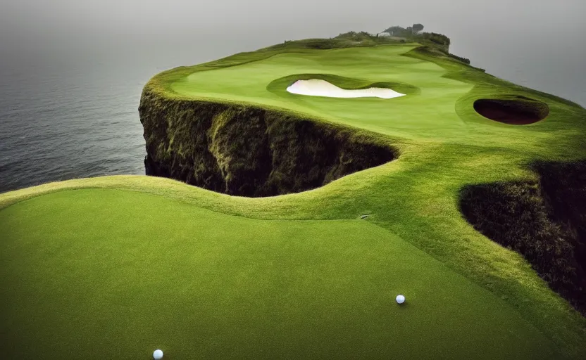 Image similar to a great photograph of the most amazing golf hole in the world, rainy day, cliffs by the sea, perfect green fairway, human perspective, ambient light, 5 0 mm, golf digest, top 1 0 0, fog