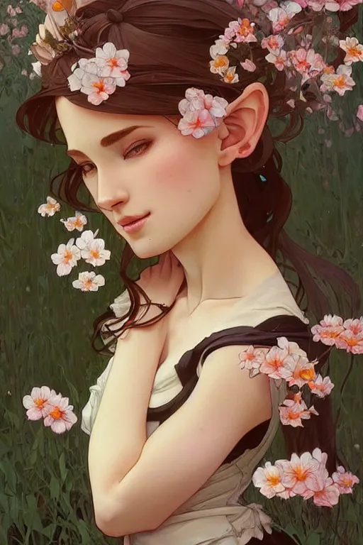 Image similar to A beautiful woman with fox ears in a garden, highly detailed, digital painting, artstation, concept art, smooth, sharp focus, illustration, art by artgerm and alphonse mucha, high definition digital art, in the style of Ross tran and ilya kuvshinov