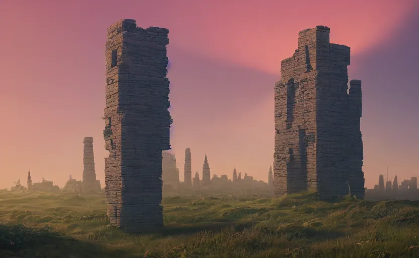 Image similar to A landscape with a giant stone brick tower with pillars on top at sunset, magical portal, cyberpunk, Low level, rendered by Beeple, Makoto Shinkai, syd meade, simon stålenhag, environment concept, synthwave style, digital art, unreal engine, WLOP, trending on artstation, 4K UHD image, octane render