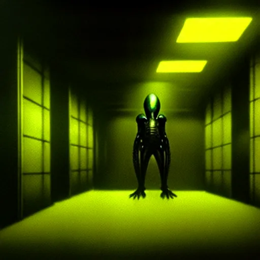 Image similar to black glossy xenomorph, alien movie, endless abandoned office cubicles, pale yellow wallpaper, moist brown carpet, dim fluorescent lighting, artstation, ultra detailed, creepy, dramatic lighting, photorealistic, art by h. r. giger and chris fss