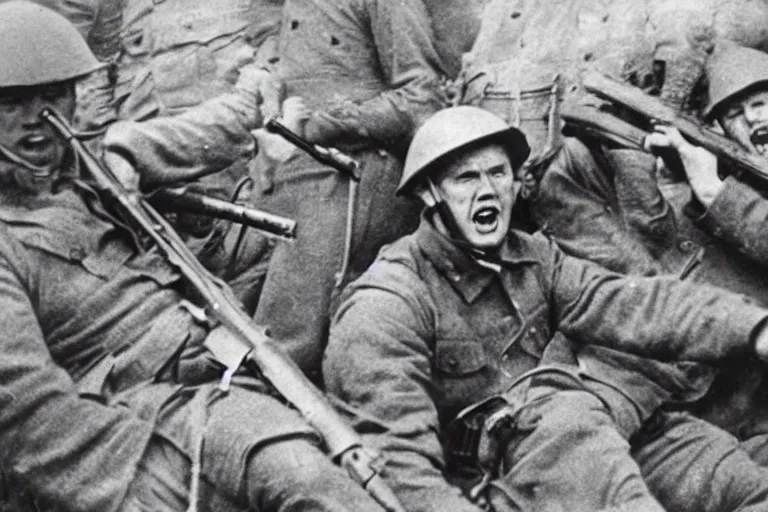 Image similar to Mark Rutte screaming and fighting while holding rifle in trenches World War 1, war photography,