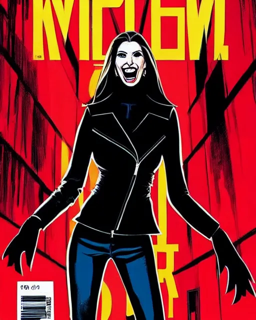 Prompt: Rafael Albuquerque comic cover art, Ivanka Trump with sharp vampire teeth, sarcastic smile, brown leather jacket, jeans, extra long hair, full body, Trump Tower on fire, cool colors