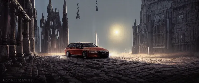 Prompt: Audi A4 B6 Avant Technical (2002), Dark Souls 3, a grim fantasy, Anor Londo, dramatic lighting, cinematic, establishing shot, extremely high detail, photorealistic, cinematic lighting, artstation, by simon stalenhag