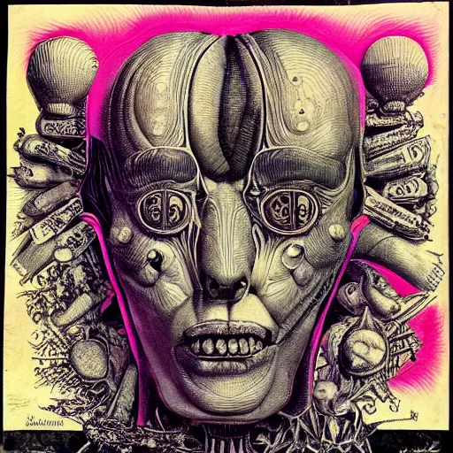 Image similar to post - punk album cover, asymmetrical design, dollar bank, new age, apocalypse, psychedelic, black white pink, magic, giger h. r., giuseppe arcimboldo