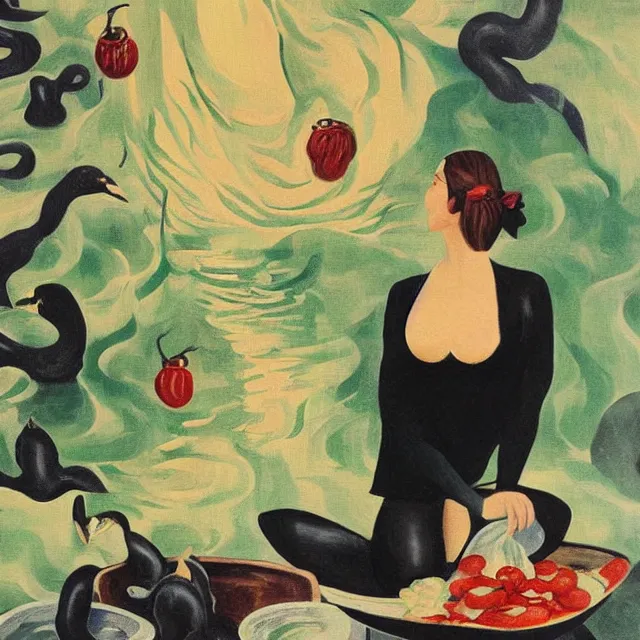 Image similar to tall female catgirl artist holding vegetables in her flooded kitchen, pomegranates, octopus, water gushing from ceiling, painting of flood waters inside an artist's apartment, a river flooding indoors, candles, ikebana, zen, rapids, waterfall, black swans, canoe, berries, acrylic on canvas, surrealist, by magritte and monet