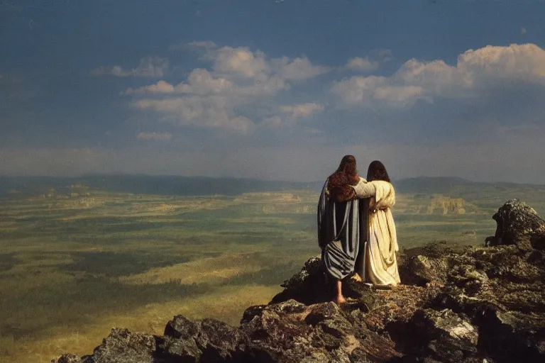 Prompt: a unique old analog color photo of jesus and mary magdalene standing on a cliff looking over a beautiful landscape, award winning photo, very realistic