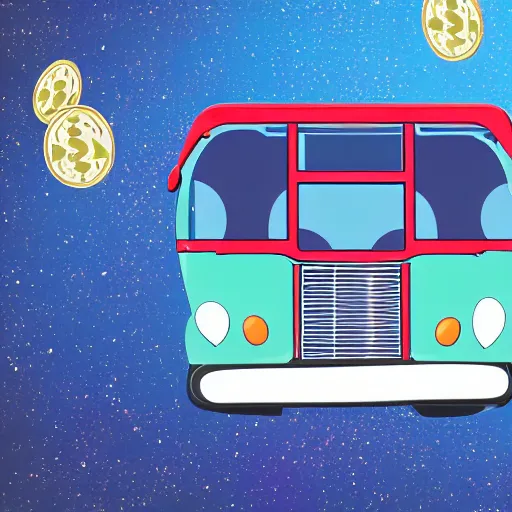 Image similar to a bus driving in outer space with money flying out of the bus windows. illustrated, high resolution