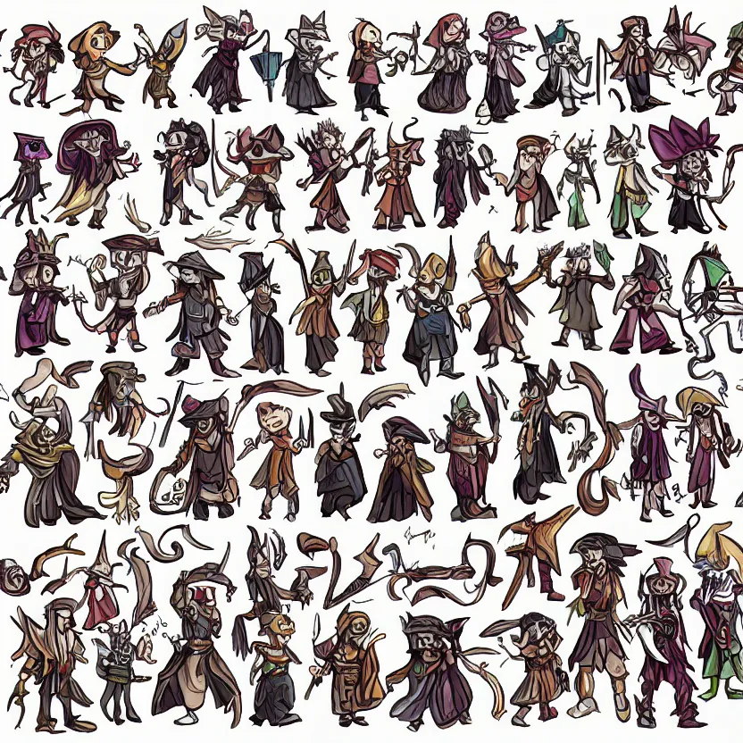 Image similar to set of characters'sprites, containing a cute wizard and skeleton enemies of different magic types, colored lineart from