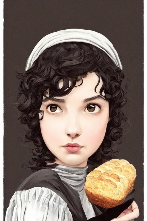 Image similar to beautiful cottagecore of a girl with short black curly hair, round face, cute face, holding a loaf of bread. There's also a black cat on her shoulder. intricate, elegant. highly detailed, digital painting, artstation, concept art, smooth, sharp, focus, illustration. Black cats. art by artgerm and greg rutkowski and alphonse mucha