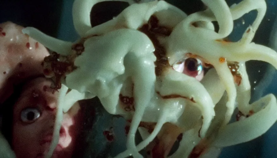 Image similar to Big budget horror movie, a scientist with a squid examines that squid under the microscope