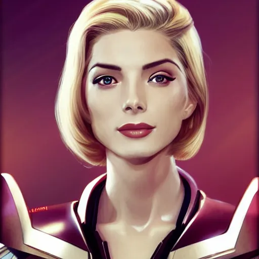 Image similar to A combination of Grace Kelly's and Ada Wong's and Ashley Greene's appearances with blonde hair wearing Forerunner armor from Halo, high tech, action shot, angular, full body portrait, futuristic, dramatic, fantasy, intricate, elegant, highly detailed, artstation, matte, sharp focus, 8K, art by Artgerm and Greg Rutkowski and Alphonse Mucha