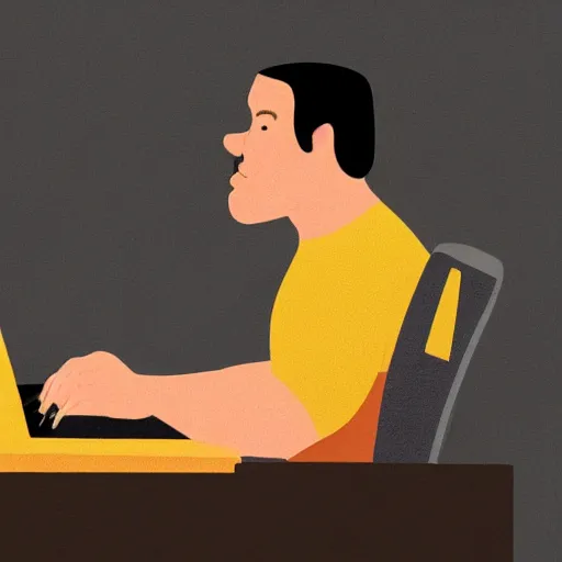 Prompt: color painting, highly realistic, heavyset man typing at his computer, using his mouse, looking at the screen, sitting in an office chair in his dimly lit bedroom