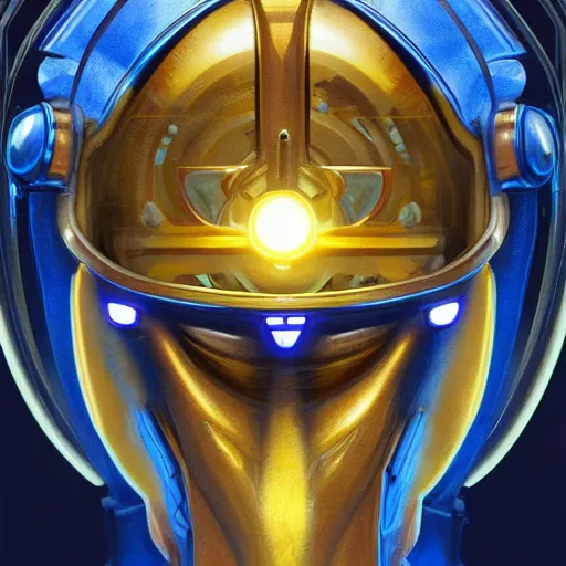 Image similar to symmetrical portrait of a robot with big eyes, grinning, sci - fi, tech wear, blue and yellow glowing lights, intricate, elegant, highly detailed, digital painting, artstation, smooth, sharp focus, illustration, art by artgerm and greg rutkowski and alphonse mucha