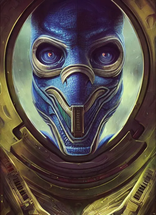 Image similar to space station mf doom reptile eyes, blue skin. intricate, elegant, highly detailed, centered, digital painting, artstation, concept art, smooth, sharp focus, illustration, artgerm, tomasz alen kopera, peter mohrbacher, donato giancola, joseph christian leyendecker, wlop, frank frazetta