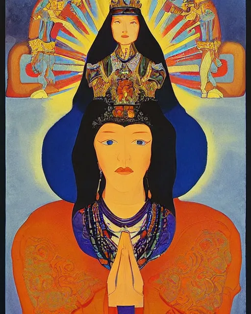 Prompt: a polish poster art representing a portrait of a queen on a carved stone throne by nicholas roerich, by gustave moreau, by james hawe, by yoshitaka amano, by georgia o keeffe, oil painting