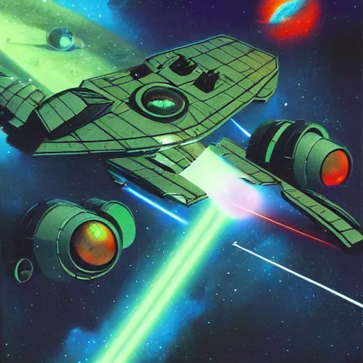 Prompt: starship laser battle, nebula, retro, 1960's sci fi, concept art, style of gerald brom and jean giraud,