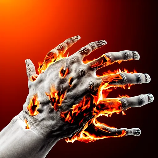 Image similar to photograph of a rotten damaged hand holding up a burning human skull with scorch marks on it, photorealistic, hyperdetailed, volumetric light, cinematic, f 8 aperture, orange rim lighting