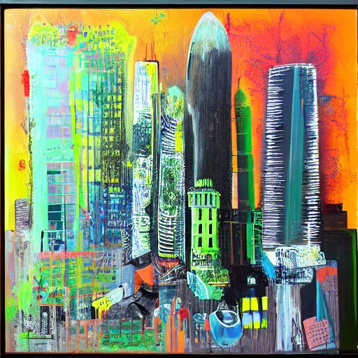 Prompt: “tall a giant weedy pig, grassy skyscraper, Chippendale, Sydney, acrylic and spray paint and oilstick on canvas, surrealism, neoexpressionism”
