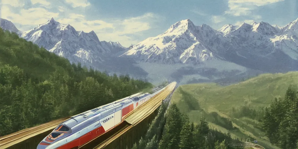 Prompt: concept art of a tgv speeding through an alpine valley, 1 9 8 0 s illustration, matte pale coloring, beautiful weather