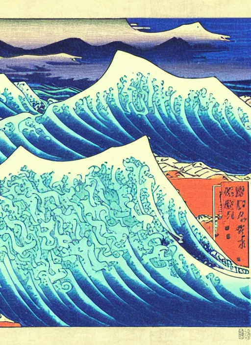 Image similar to a painting of waves in the ocean with mountains in the background, a woodcut by utagawa hiroshige ii, pixiv, ukiyo - e, ukiyo - e, vaporwave, woodcut
