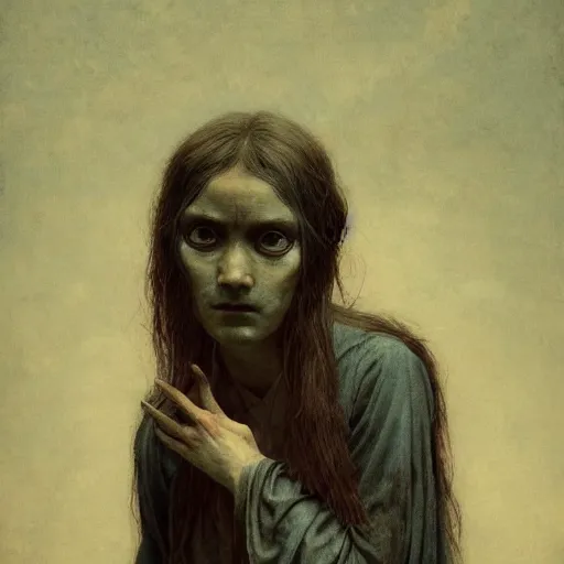 Image similar to by waterhouse, ( ( ( ( by beksinski ) ) ) ), by millaise, high quality, photography portrait of a victorian yokai, haunting, photorealism, hyper - realism, octane render, highly detailed, 8 k,