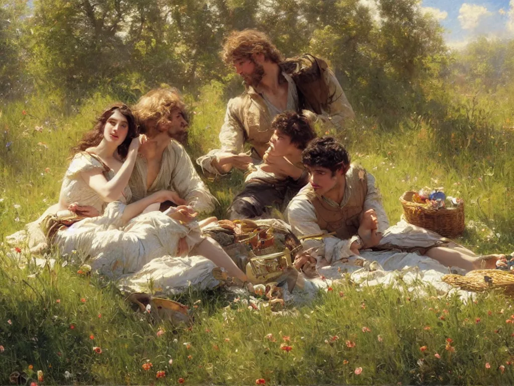 Prompt: attractive bradley and attractive colin go together to a meadow to have a picnic. highly detailed painting by gaston bussiere, craig mullins, j. c. leyendecker 8 k