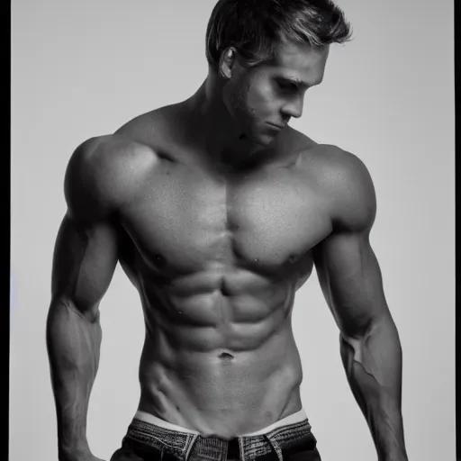 Prompt: black and white studio photo of chad with muscular body, high quality, 4 k