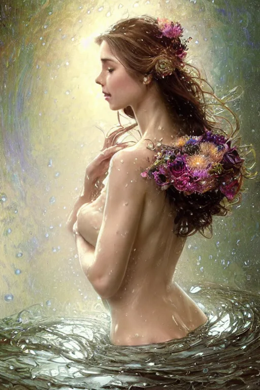 Prompt: portrait of a beautiful woman wearing a silver metalic dress, holding a bouquet of flowing flowers, drenched body, wet dripping hair, emerging from the water, fantasy, regal, fractal crystal, fractal gems, by stanley artgerm lau, greg rutkowski, thomas kindkade, alphonse mucha, loish, norman rockwell.