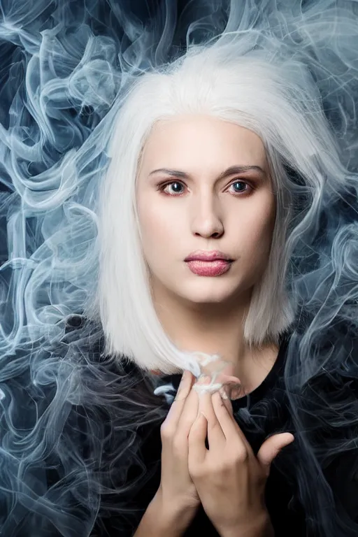 Prompt: portrait of a woman, with white hair like smoke, with reaction-diffusion wallpaper, studio photo, high detail